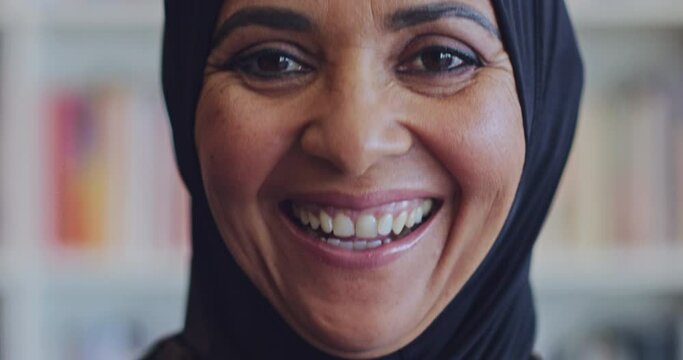 Face, muslim and islamic woman in hijab smile, happiness and laughter at comic comedy joke. Islam, Arab female from Turkey and laugh having fun, smiling and excited for future life, freedom and joy.