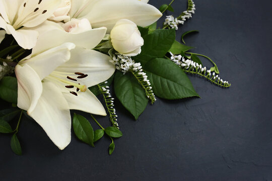 White Delicate Lily Flowers Composition, Condolence Flower Background Card, Funeral Concept Image, Selective Focus, Shallow DOF	