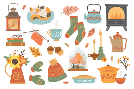 Vector set autumn icons: log burner, leaves, cozy, candles, lantern, acorns, conkers. Scrapbook collection of fall season elements. Background for harvest time. Autumn greeting card - Powered by Adobe