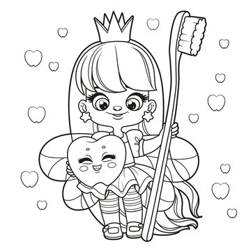 Cute cartoon long haired girl tooth fairy with big tooth and a toothbrush outlined for coloring page on white background