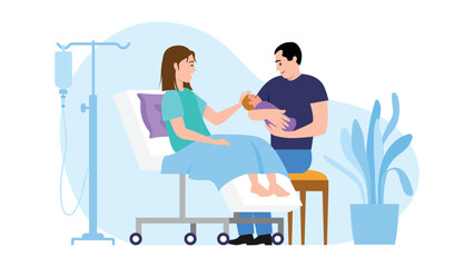 Vector illustration of women after childbirth. Cartoon scene with a joyful mother who gave birth to child and father who holds him on white background.