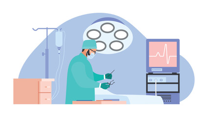 Vector illustration of surgeon. Cartoon scene with a surgeon who is preparing for surgery in the operating room on white background.