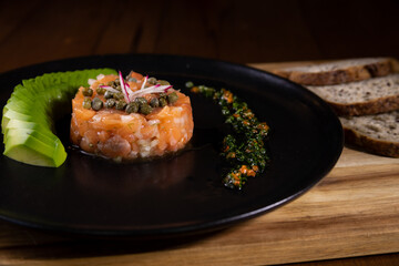Typical peruvian food and drinks, salmon tartar