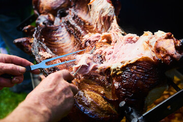 Chef Hands cutting whole grilled pork for steaks with knife. Pig grilled traditional coal and fire....