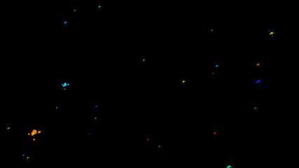 Abstract fantastic colorful fireflies in flight in the night space. 3D. 4K. Isolated black background.