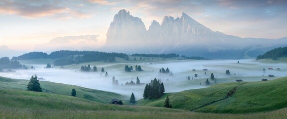 Alpe di Siusi or Seiser Alm, Dolomites Alps Sassolungo and Sassopiatto mountains, Trentino Alto...