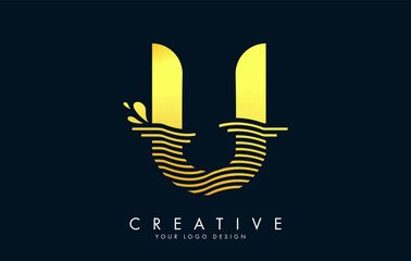 Golden U Letter Logo with Waves and Water Drops Design.