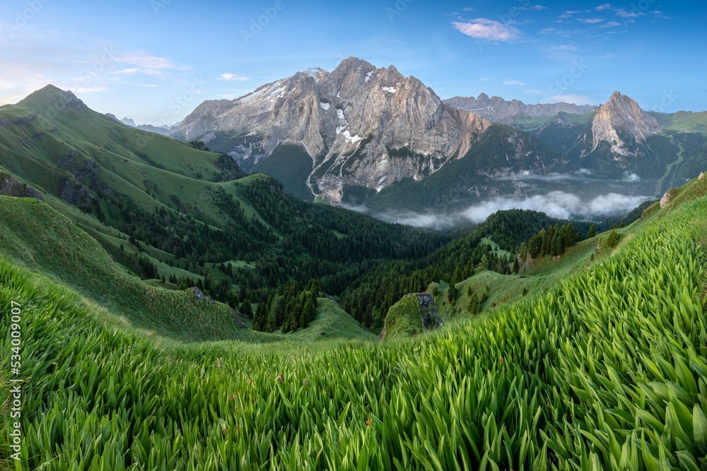 Wall mural summer panorama in val badia, dolomites. in the background the marmolada, located at the dolomiti ra