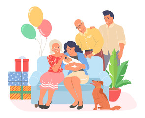 Young family celebrate child birth vector scene