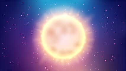 The sun shines in the sky. Turquoise backdrop. Widescreen Vector Illustration