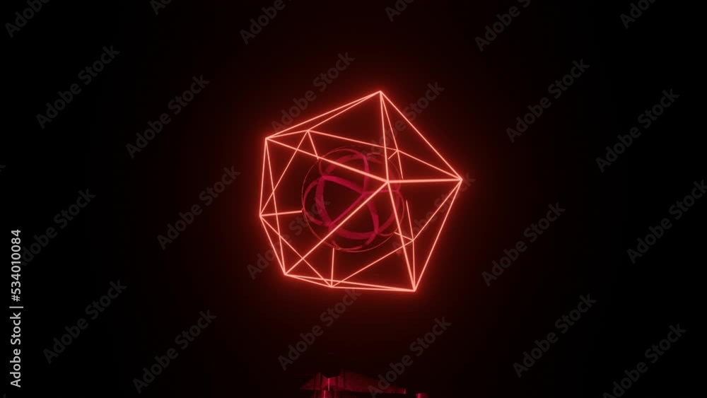 Poster neon glowing abstract 3d model rotates in a dark space with reflections on the floor. realistic 3d d