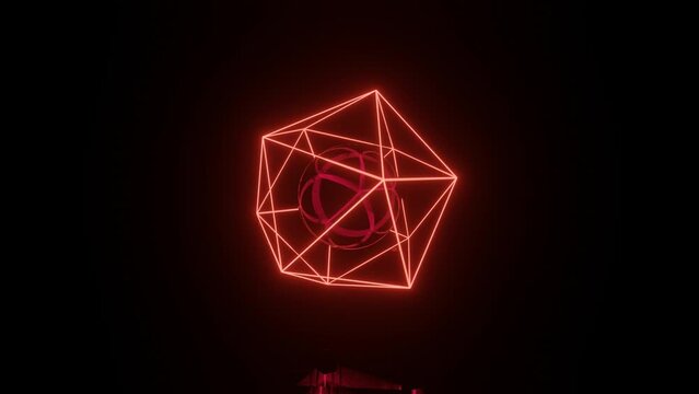 Neon glowing abstract 3d model rotates in a dark space with reflections on the floor. Realistic 3d design concept with geometric shapes