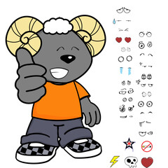 ram young kid character cartoon kawaii expressions set pack in vector format