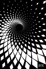 Abstract Black and White Geometric Pattern with Squares. Spiral-like Spotted Tunnel. Contrasty Halftone Optical Psychedelic Illusion. Vector. 3D Illustration