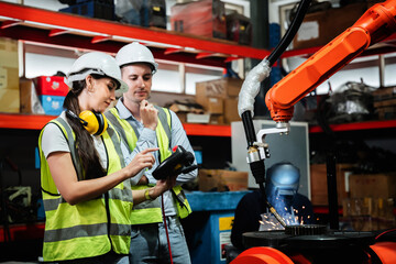 Industrial engineers are in charge of controlling the automated arms machine welding robots in...