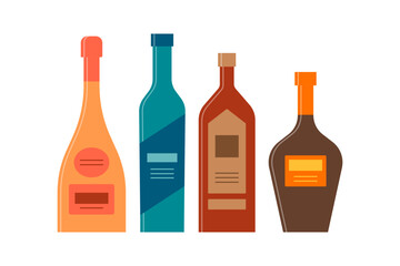 Set bottles of champagne, vodka, whiskey, balsam great design for any purposes. Icon bottle with cap and label. Flat style. Color form. Party drink concept. Simple image shape - obrazy, fototapety, plakaty