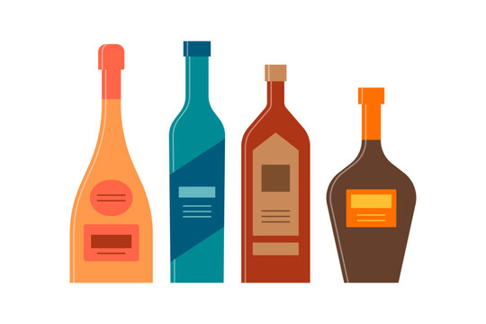 Set bottles of champagne, vodka, whiskey, balsam great design for any purposes. Icon bottle with cap and label. Flat style. Color form. Party drink concept. Simple image shape