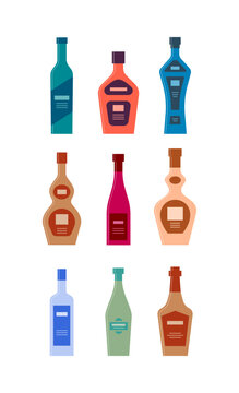 Set bottles of vodka rum schnapps tequila wine balsam gin vermouth whiskey. Icon bottle with cap and label. Graphic design for any purposes. Flat style. Color form. Party drink concept. Simple image