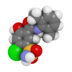 Xipamide diuretic drug molecule. Used in the treatment of hypertension (high blood pressure).