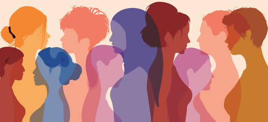 The concept of racial equality, anti-racism justice, opportunities, and allyship. Female profile images with multicultural, multiethnic backgrounds. Self-confidence.