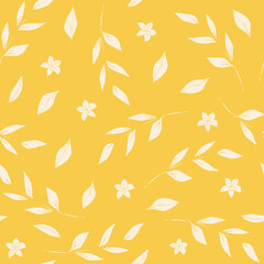 Yellow seamless pattern of hand drawn beige botanical elements. Vector illustration