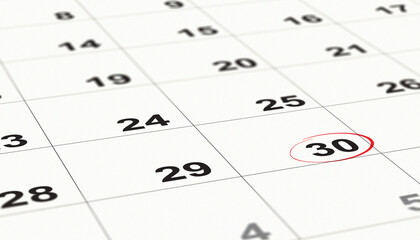 Close up a date 30 with red circles on a calendar (end of the month). selective focus