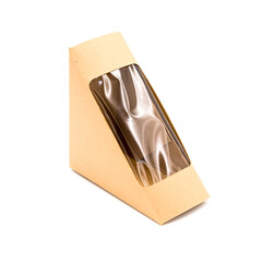 Mockup Brown Blank Cardboard Triangle Take Away Box Packaging For Sandwich, Food package, Empty, plastic window, isolate on white background