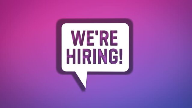 We are Hiring rectangular speech bubble against colored background. Website asset, call job offer