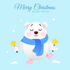 White cute polar bear with bells as a new year design
