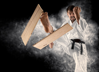 Karate masters breaking with leg wooden board