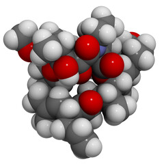 Tacrolimus (fujimycin, FK-506) immunosuppressant drug molecule.