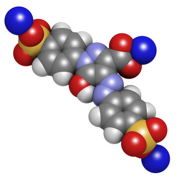 Tartrazine (E102) food dye molecule. Yellow azo dye used in food, beverages, pharmaceuticals, etc. Allergenic.