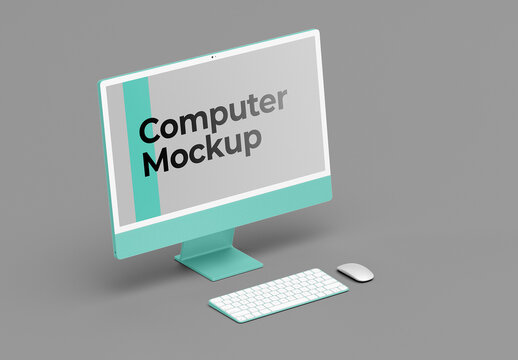 Isometric View Desk Computer Mockup