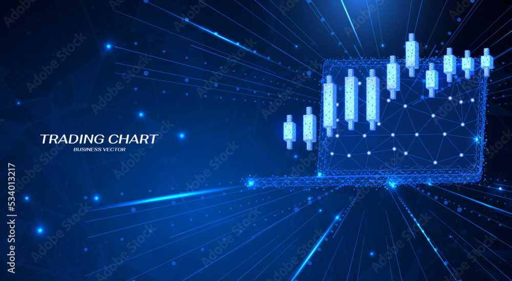 Poster Abstract trading charts low poly design. Laptop with statistical data analysis concept. 3D business wireframe geometric on blue light effect background.