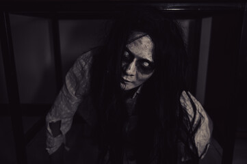 Portrait of asian woman make up ghost,Scary horror scene for background,Halloween festival...