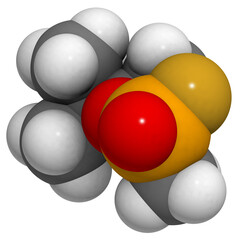 Soman nerve agent, molecular model. Soman is a chemical weapon, classified as a weapon of mass destruction.