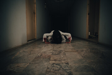 Portrait of asian woman make up ghost,Scary horror scene for background,Halloween festival...
