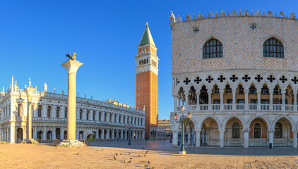 Panorama of Piazza San Marco with Doge's Palace and Campanile on sunrise, Venice, Italy