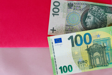 Euro banknotes and 100 polish zloty wallpaper. Close up of money. Wealth concept, free trade, business concept and inflation in Europe