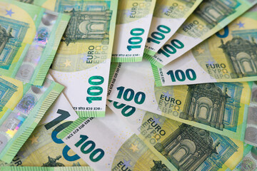 Euro banknote wallpaper. Close up of money. Finance, banking, savings, rise and money and inflation concept in Europe