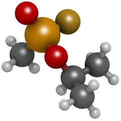 Sarin nerve agent, molecular model. Sarin is a chemical weapon, classified as a weapon of mass destruction.