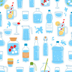 Glass and plastic water bottles and containers seamless pattern. Vector background of drink and mineral water in bottles, glasses, jugs and jars, pitchers and carafes with blue splashes and drops