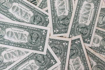 American one dollar banknotes wallpaper. Close up of money. Finance, banking, savings, raise and money concept. 