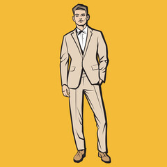 Businessman in suit standing, abstract ink drawing vector silhouette. Male fashion model