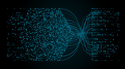 Big data visualization, digital information analysis and sorting. Network technology vector background with digital information flow and big data analytics stream of bright glow dots and wavy lines