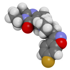 Risperidone antipsychotic drug molecule. Used in treatment of schizophrenia, bipolar disorder and related conditions.