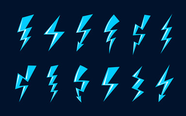 Cartoon blue lightning, flash, thunderbolt. Vector thunder bolts of blue light, electric energy, magical power or storm weather lightning strikes. Electrical discharges in shape of zigzag with arrow