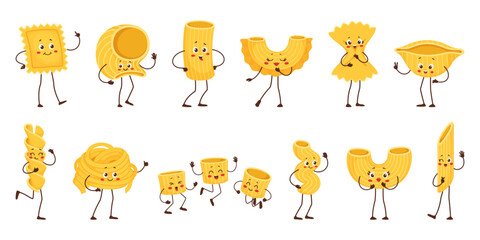 Cartoon pasta characters, happy italian macaroni food vector personages. Cute noodle, penne, fusilli and rigatoni, funny ravioli, fettuccine and farfalle, conchiglie and ditalini pasta characters