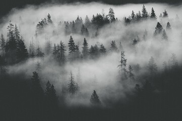 Grayscale shot of a misty forest