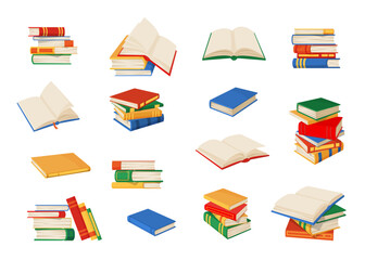 Book stacks. Books, textbooks, bestsellers set, isolated vector piles of school library textbooks, education literature and university dictionaries. Open and closed books with colorful paper covers